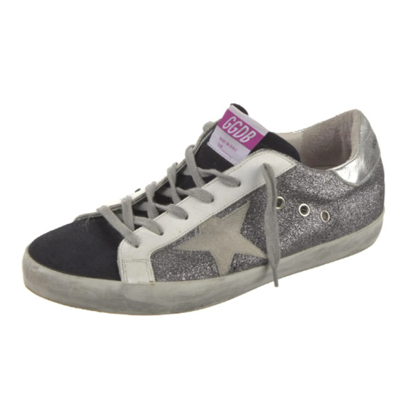 Golden Goose Super-Star Glitter Suede Sneakers Silver/Black Women's Size EU 37